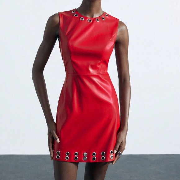 Red Casual Women's Party Dress with Eyelet Decor - Picture 6 of 7